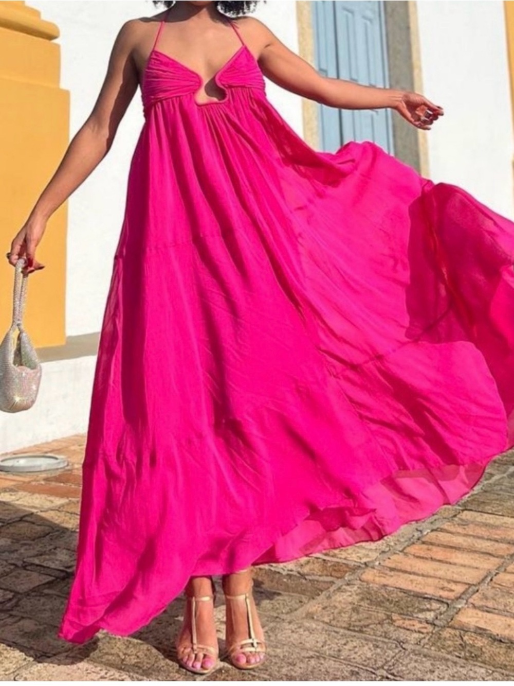 NWT ZARA Bright Fuchsia Pink Voluminous Chiffon Bustier Cutout Maxi Dress - Picture 3 of 3